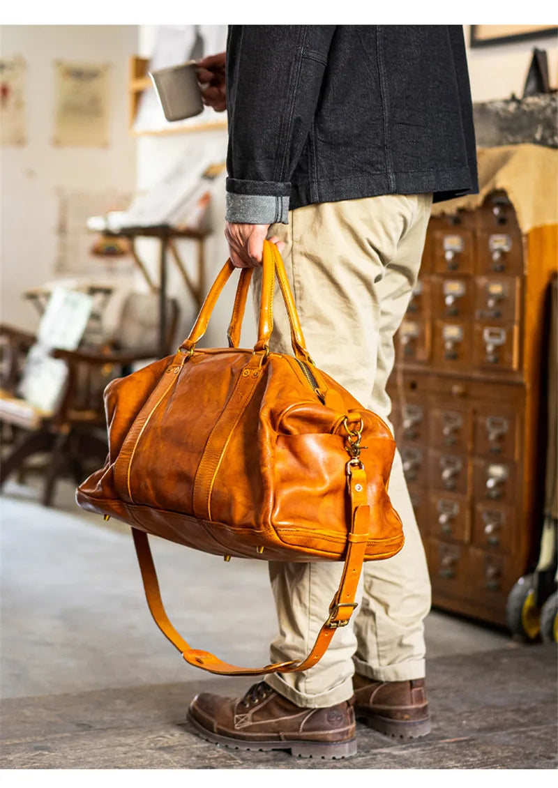 Vintage fashion luxury genuine leather men's travel bag outdoor weekend large capacity crossbody bag real cowhide women handbag