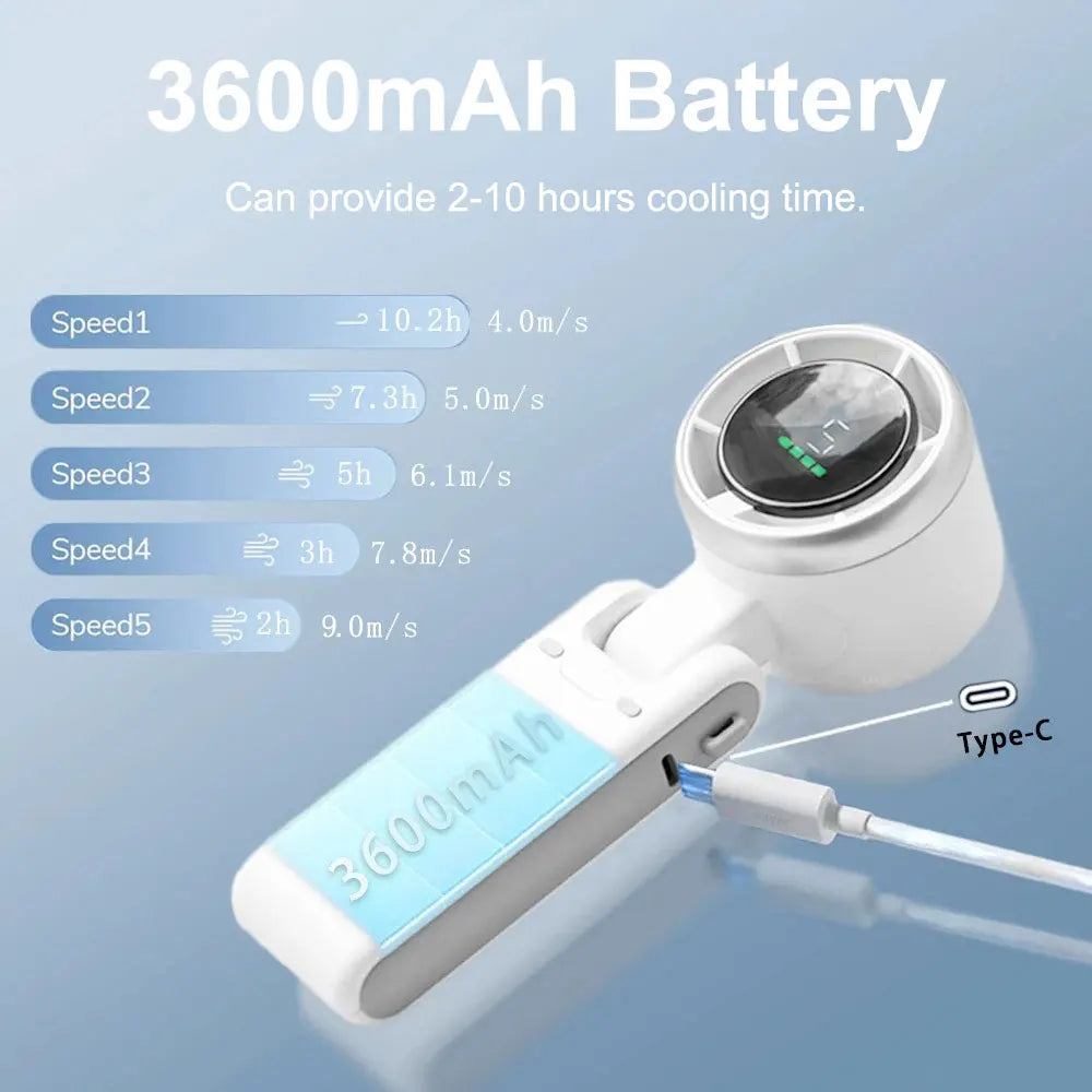 Portable Handheld Electric Fan 5 Speeds Adjustable Turbo 3600MAH Battery Fans LED Display Rechargeable Ice Cooling Personal Fan