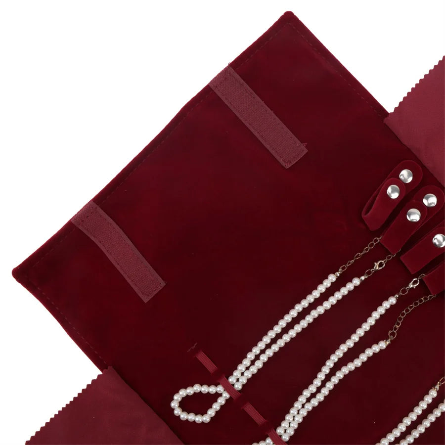 Burgundy Velvet Jewelry Roll Bag Portable Foldable for Necklace Earrings Ring Travel Exhibitions Organizer Storage Bag