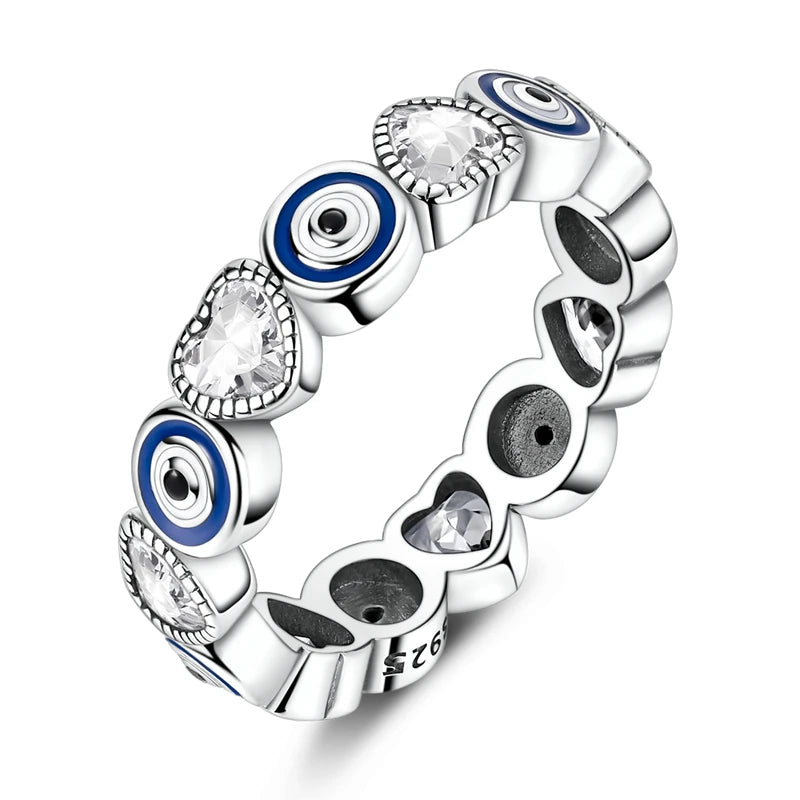 Original 925 Sterling Silver Sparkling Blue Eye and Heart Ring For Women Girls Jewelry Birthday Anniversary Gifts