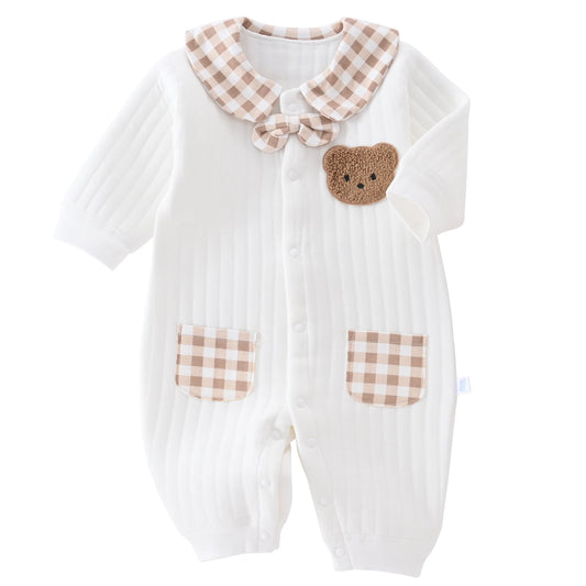 Newborn Baby Jumpsuit Clothes Winter Thickened Romper  Boys Girls Cute Embroidery Bear Bodysuit Autumn Clothing 0-1-3-6M