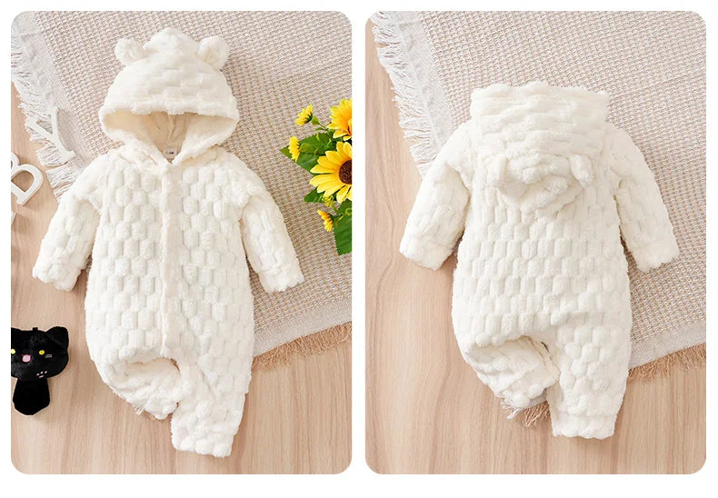Newborn Baby Romper Winter Flannel White Hooded ears long sleeve Unisex Baby Bodysuits 0-18 months Boy Girl Comfort Clothes