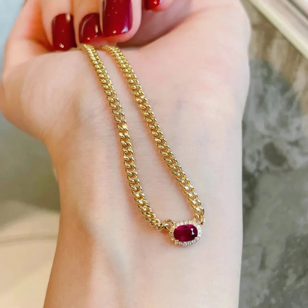 Luxury 14K Gold Plated 4MM Wide Snake Bone Chain Oval Ruby Gemstone Necklace for Women 925 Sterling Silver Fine Jewelry Gift