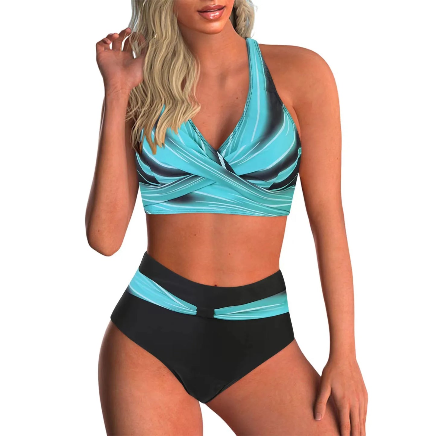 Circyy Print Swimsuit Women Split Swimsuit Contrast Color Striped Dot Bikini Set High Waisted Fashion Beachwear Summer 2025 New