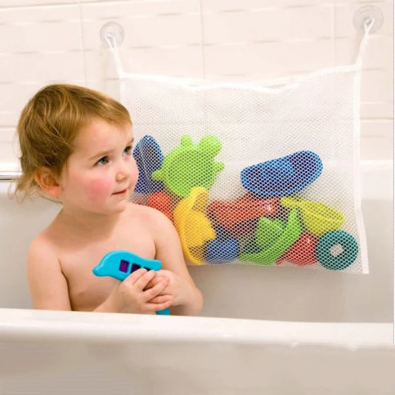Baby White Square Bath Toy Organizer with Strong Suction Cups Bathroom Mesh Net Game Bag Drying Shower Products Clothes Storage