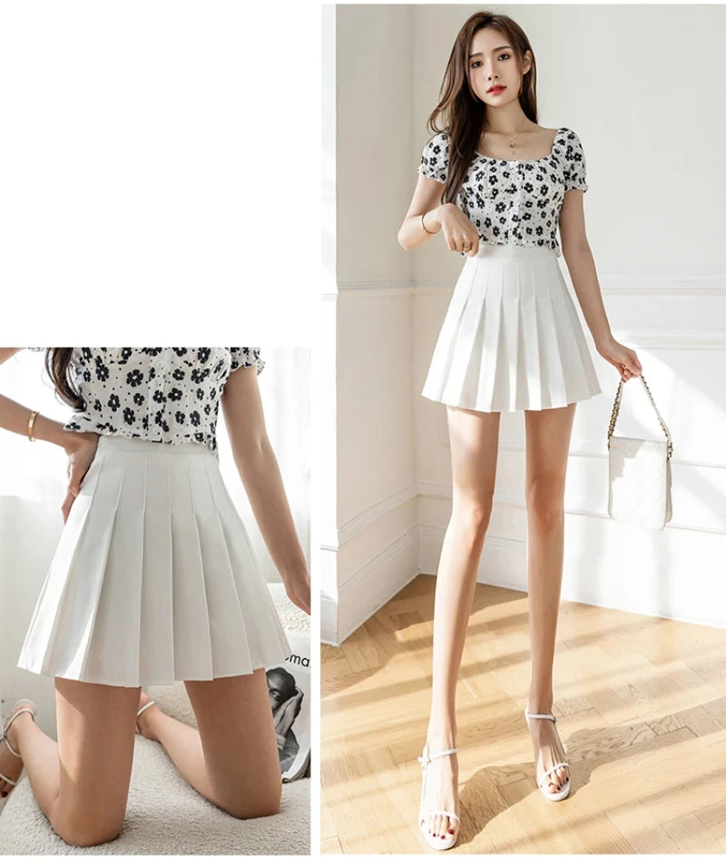 Women High Waist Pleated Skirt with Safety Shorts, Black A Line Mini Skort for Casual Office School Style Outfits