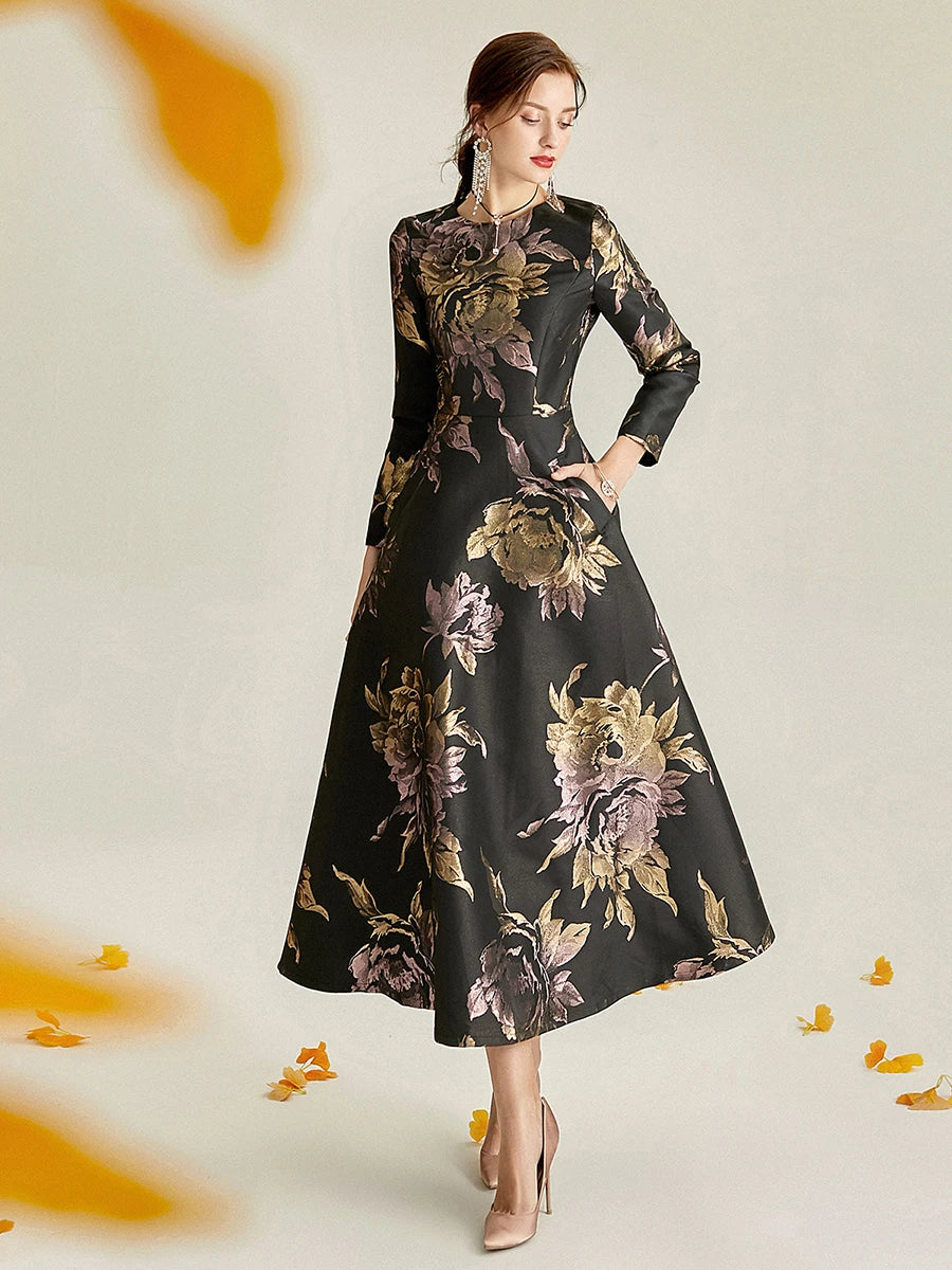 Plus Size Evening Dress - Black and Gold Jacquard Satin Waist-Defining Tummy-Control Long Sleeve Elegant Flared Dress