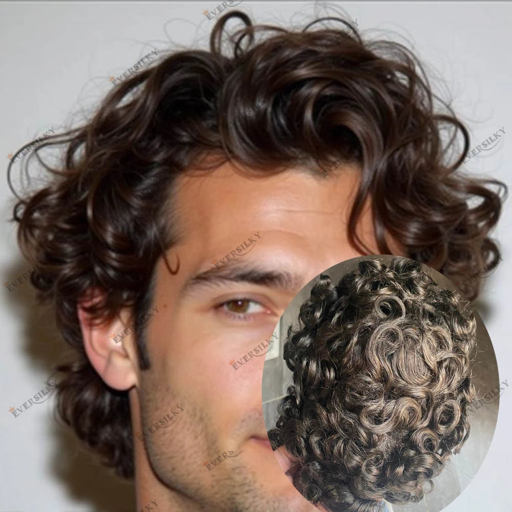 100% Human Hair Man 25mm Loose Curly Hair Replacement System Durable Skin Base Brown Gray Blonde #4 1B65 Prosthesis Hairpieces