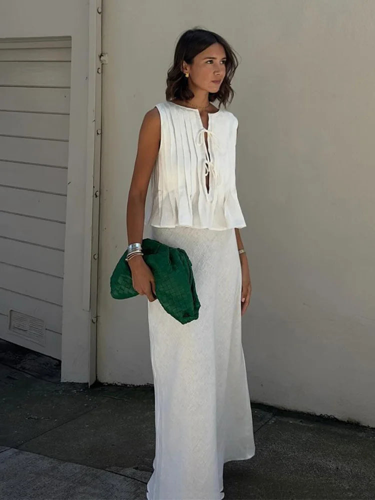 Sexy White Sleeveless Tie Shirt Top Long Skirt Two Piece 2026 Women Fashion Set Summer Holiday Beachwear Swimwear Cover Up A2860
