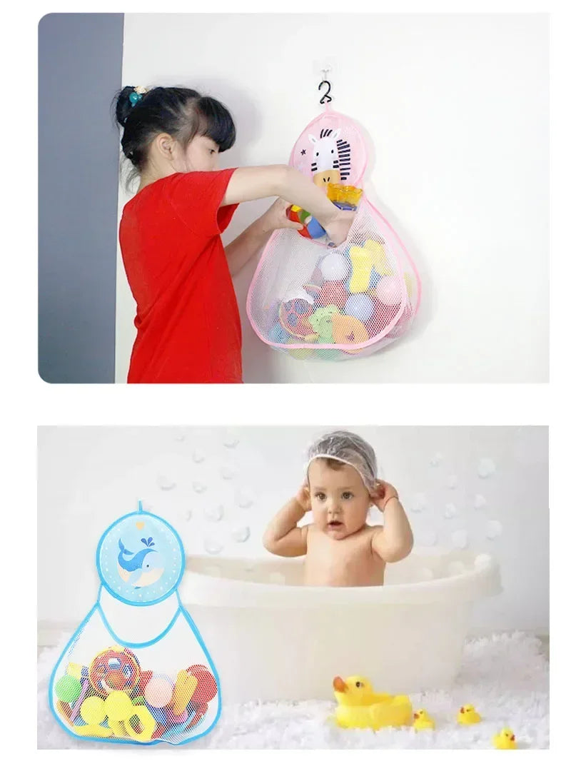 Bathroom Storage Baskets Hanging Storage Mesh Bag with Hook Cups Portable Baby Bath Toys Cute Duck Frog Organization Bags