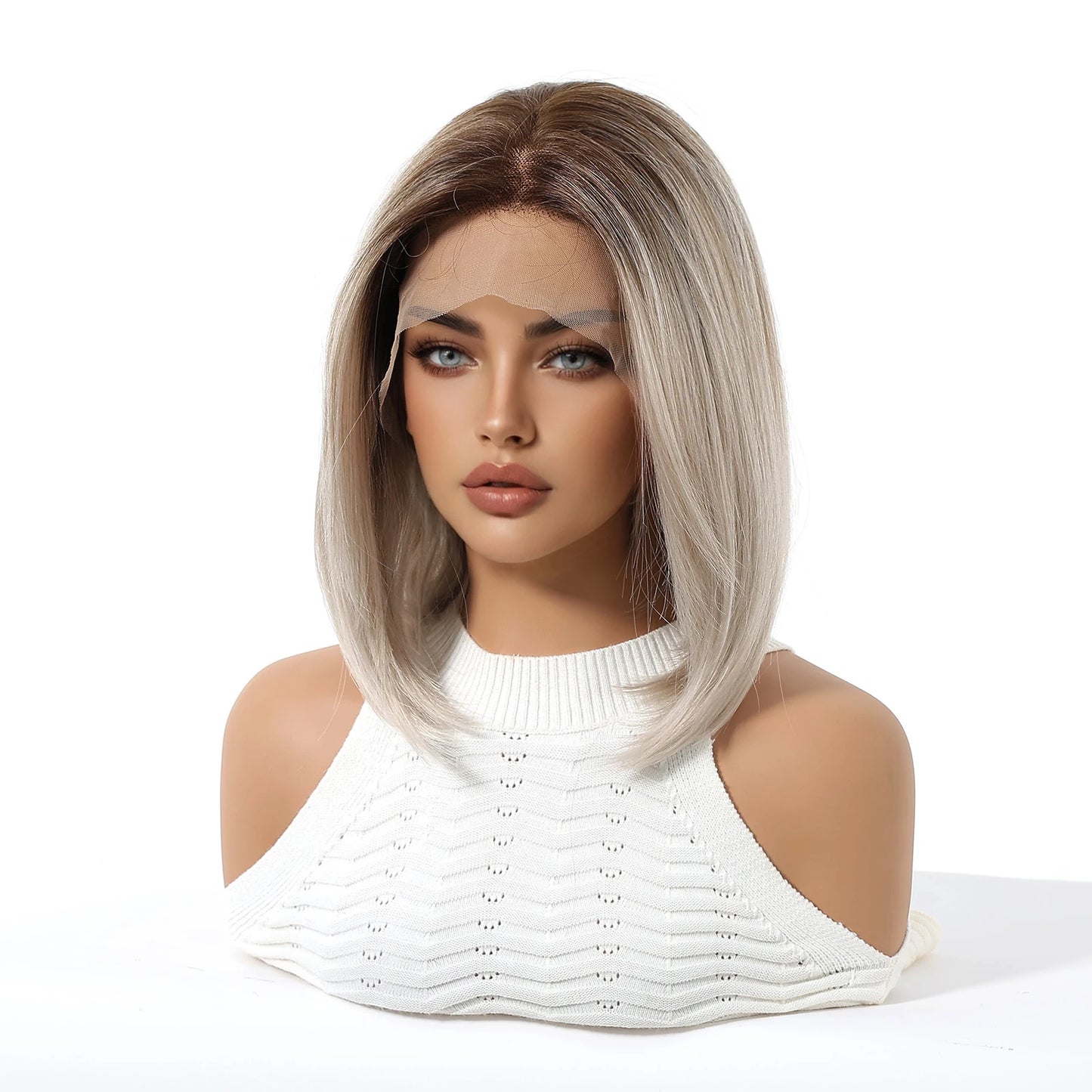 Topshe Short Bob 13x6 HD Lace Front Wig Ombre Blonde Straight Synthetic Wigs Glueless Pre-Plucked Heat Resistant Fiber Daily