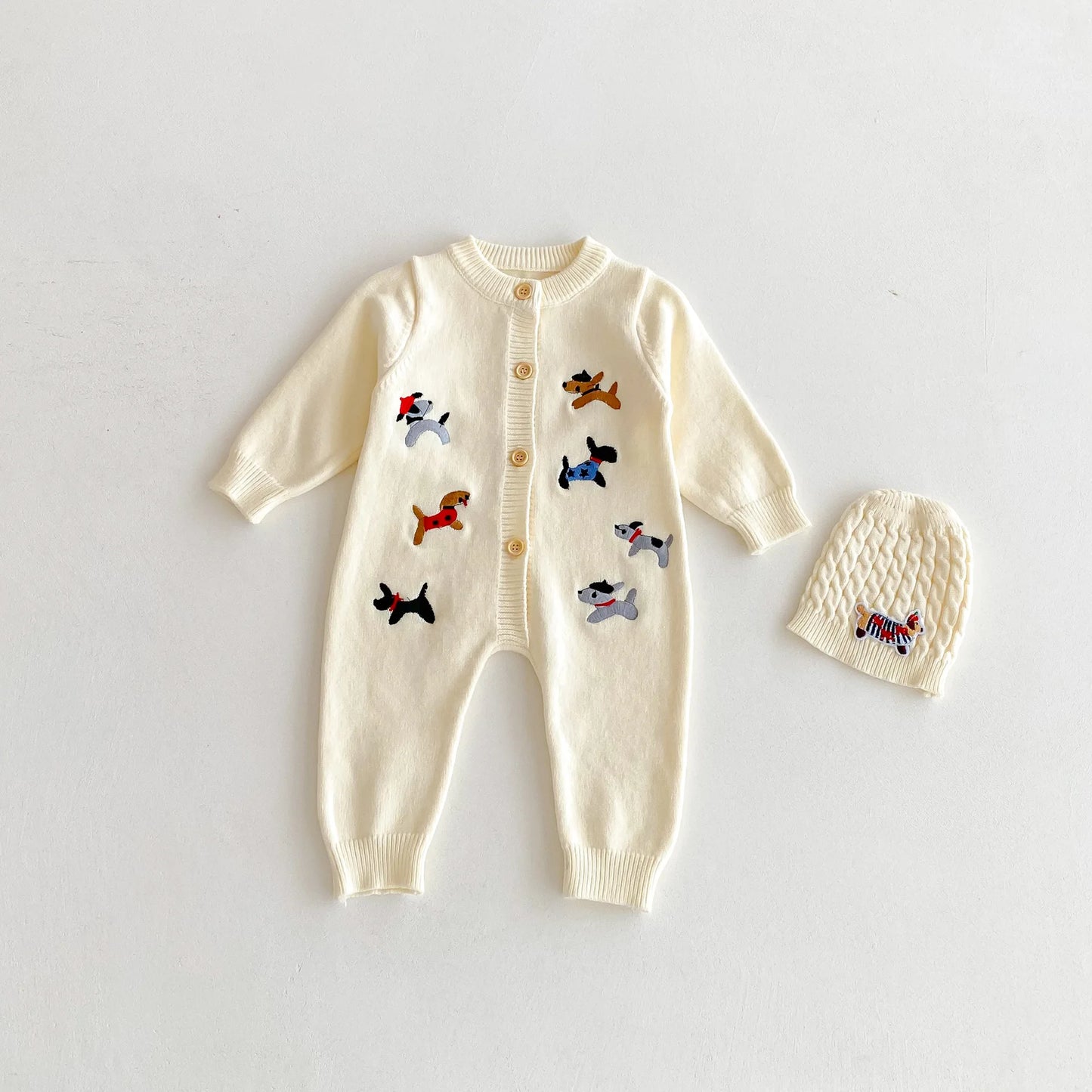 2Pcs Autumn and Winter Baby Clothes Cute Cartoon Dog Newborn Clothes Knitted Warm Boys and Girls Baby Jumpsuit+Hat Set