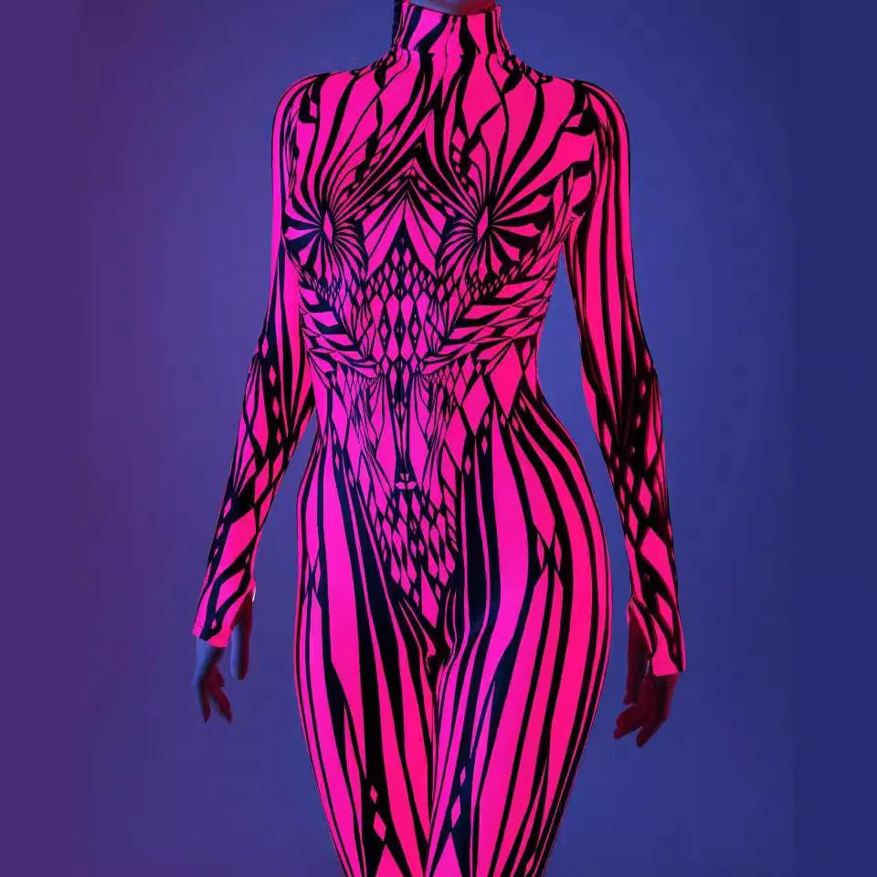 Halloween Costumes for Women 3D Abstract Print Full Body Jumpsuit Sexy Skinny High Neck Zentai Suit for Carnival Cosplay