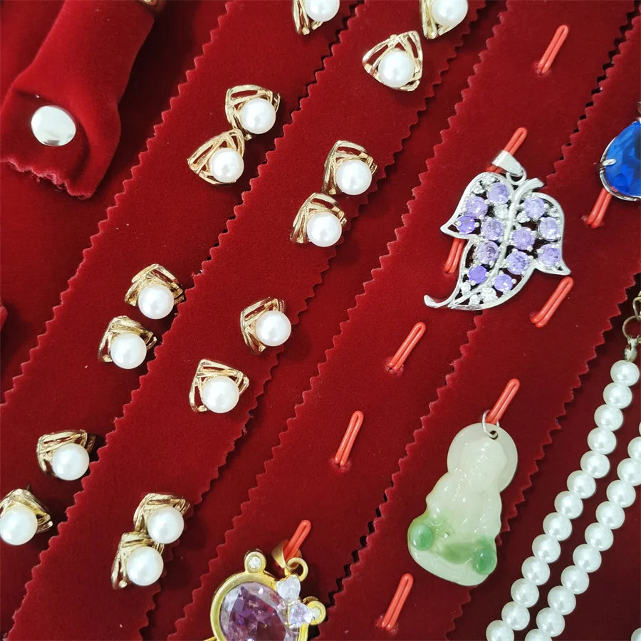 Burgundy Velvet Jewelry Roll Bag Portable Foldable for Necklace Earrings Ring Travel Exhibitions Organizer Storage Bag