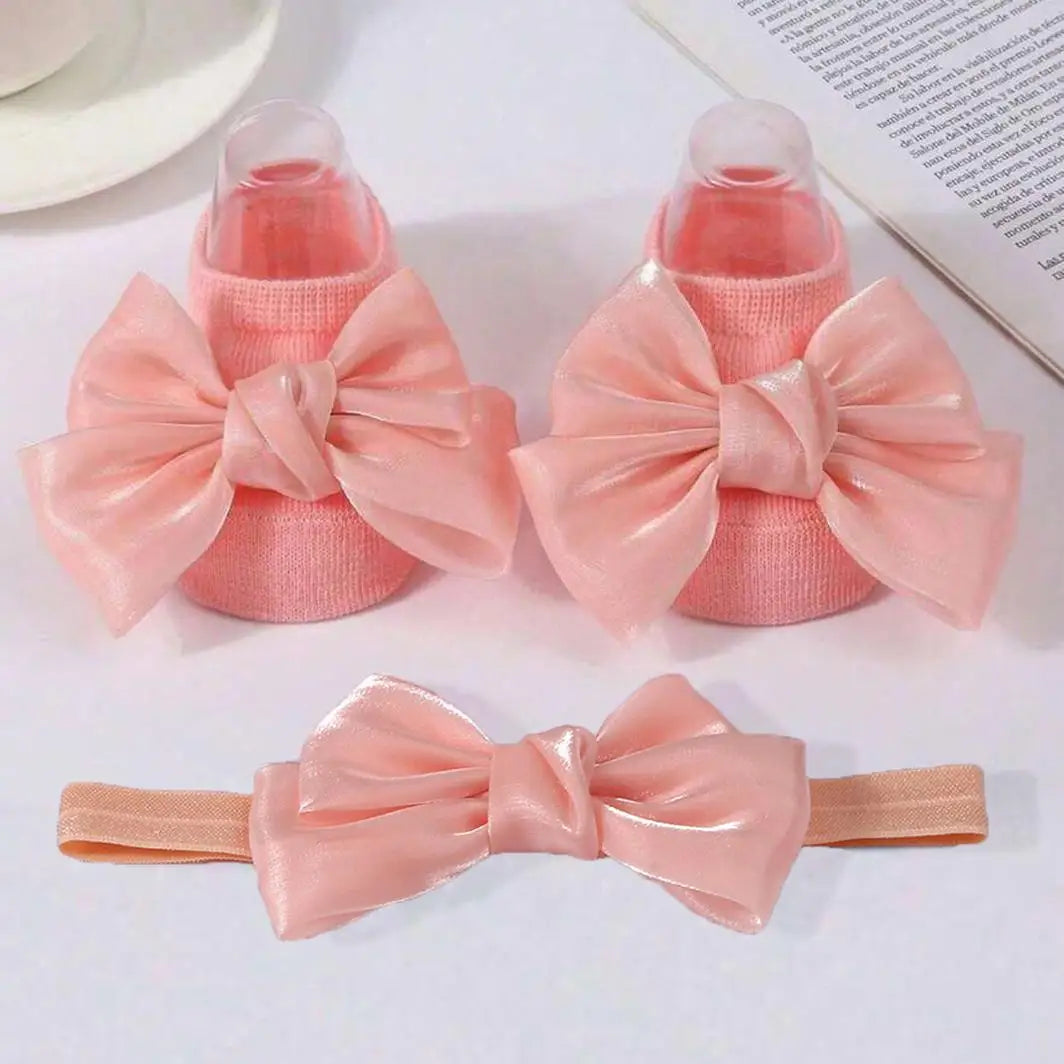 1 pairs Breathable Adorable and Bow Princess Socks & Hairbands for Baby Girls with Non-slip Design
