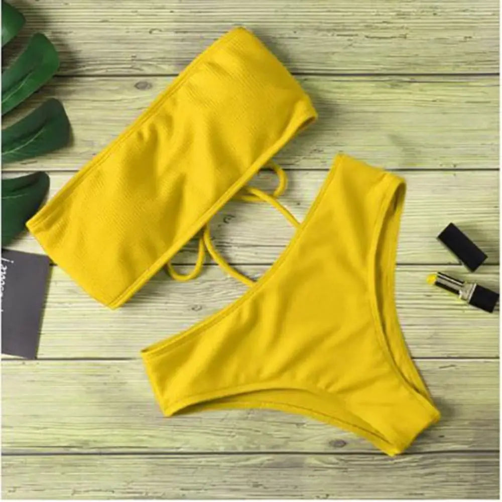 Solid Color Strapless Bikini Set Backless Sexy Swimsuit High Waist Adjustable Women Swimwear Summer