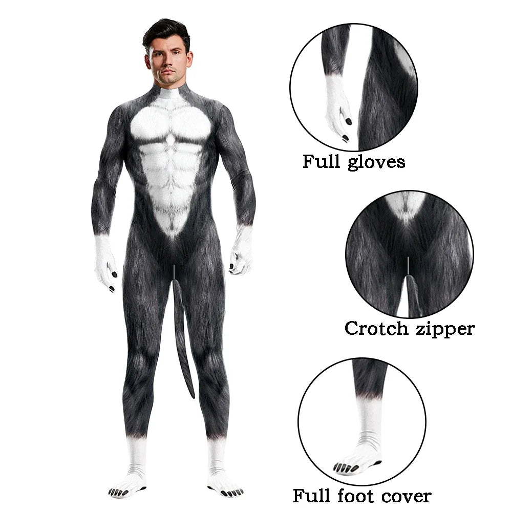 Halloween Cosplay Costume Male Adult Full Cover Elastic Zentai Pet Suit Jumpsuit Print Catsuit Bodysuits with Tail Purim Clothes