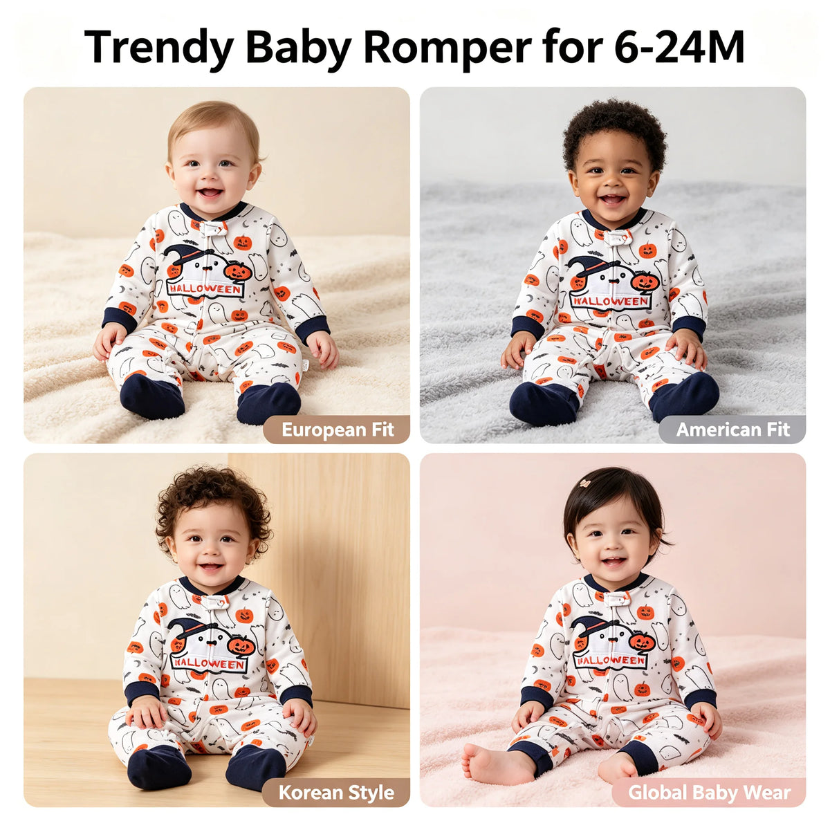Halloween Baby Romper Polar Fleece Long Sleeve Full Zipper Infant Jumpsuit Ghost Pumpkin Print Footless Toddler Clothes 6-24M