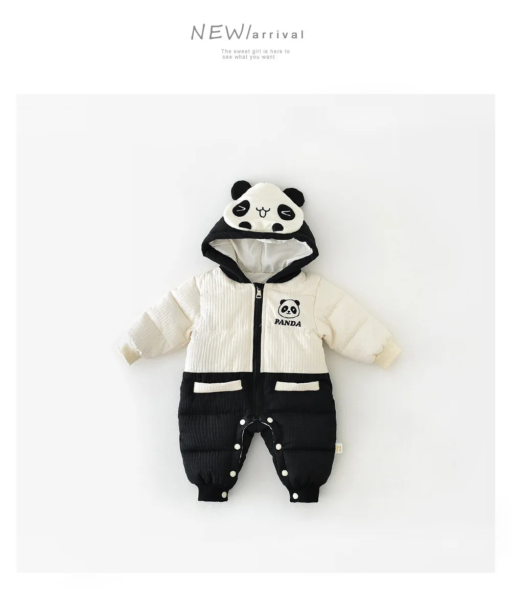 2024 Winter Baby Long Sleeve Warm Hooded Romper Cute Panda Print Newborn Plus Velvet Thick Jumpsuit Infant Girl Boy Warm Clothes