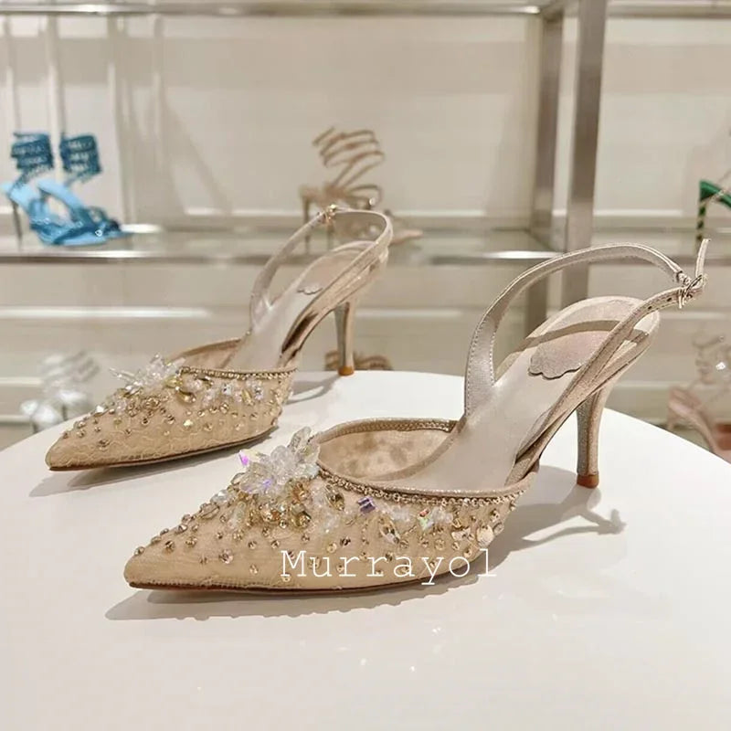Pointed Toe Lace Gauze Thin High Heels Sandals Women Shine Rhinestone Decor Sandalias Summer Party Dress Wedding Shoes Pumps