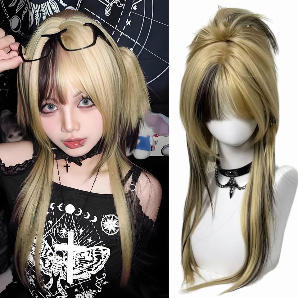 Synthetic 24 inch Loiita Black Pink Tousled Long Straight Wig Double Ponytail Hair Extensions cosplay wig Christmas