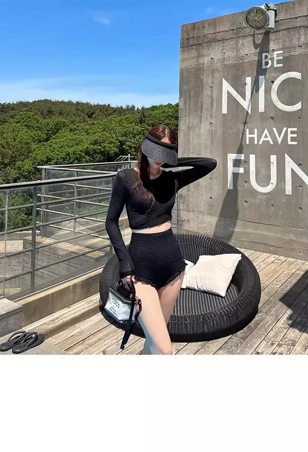 Women's Long Sleeve Conservative Swimsuit Sexy Slim High Waist Tummy Control Fashion Textured Waffle Bathing Suit New Arrival
