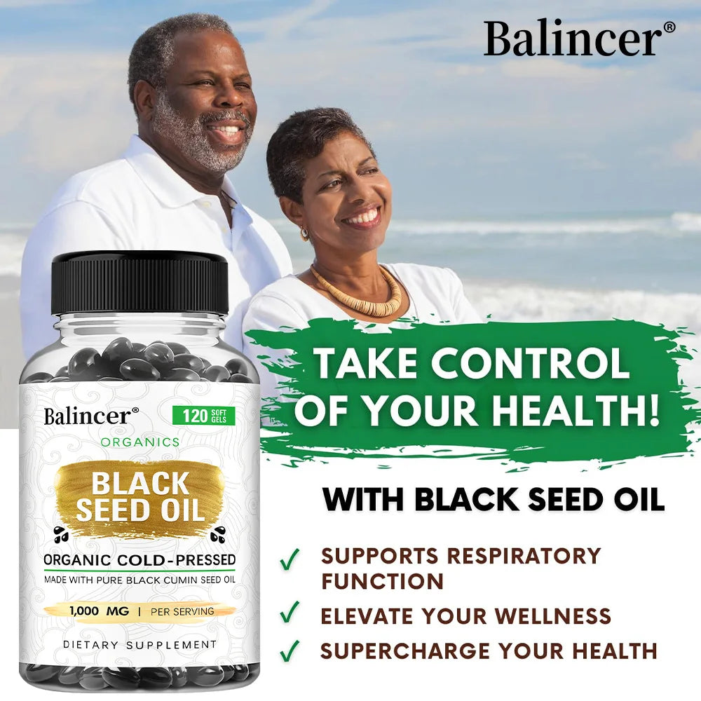 Organic Black Cumin Seed Oil 1000mg Capsules, Cold-Pressed, Immune & Hair Skin Support, Nutritive Antioxidants Non-GMO Vegan