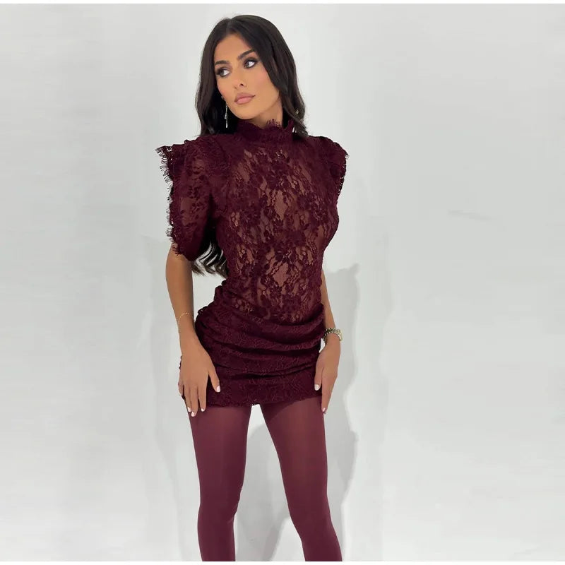 Sexy Lace See Through Party Dress Women Slim Fly Sleeve O-neck Evening Solid Dresses Female 2026 Patchwork Pleated  Robe Lady