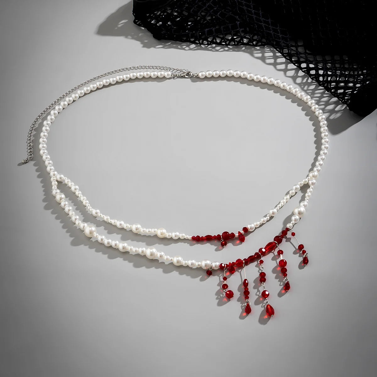 Salircon Punk Imitation Pearl Double Layer Waist Chain Gothic Red Crystal Bead Pendant Belly Chain Women Sexy Trend Body Jewelry