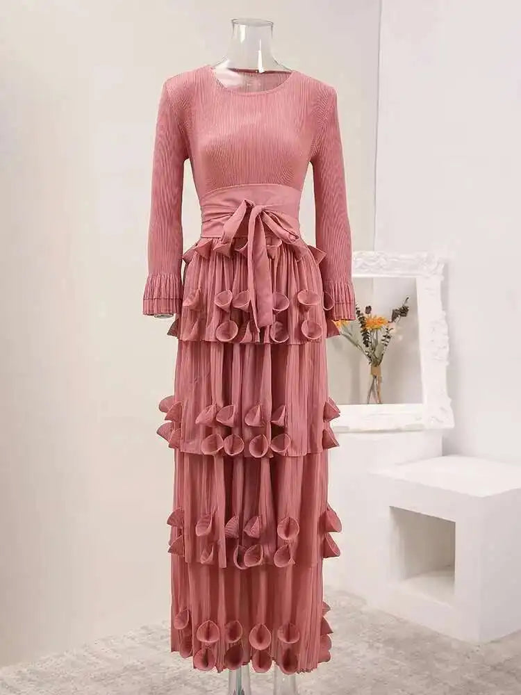 LANMREM Pleated Appliques Long Dresses For Women Round Collar Lace-up Full Sleeve Evening Party New 2025 Lady Dress 32S1173