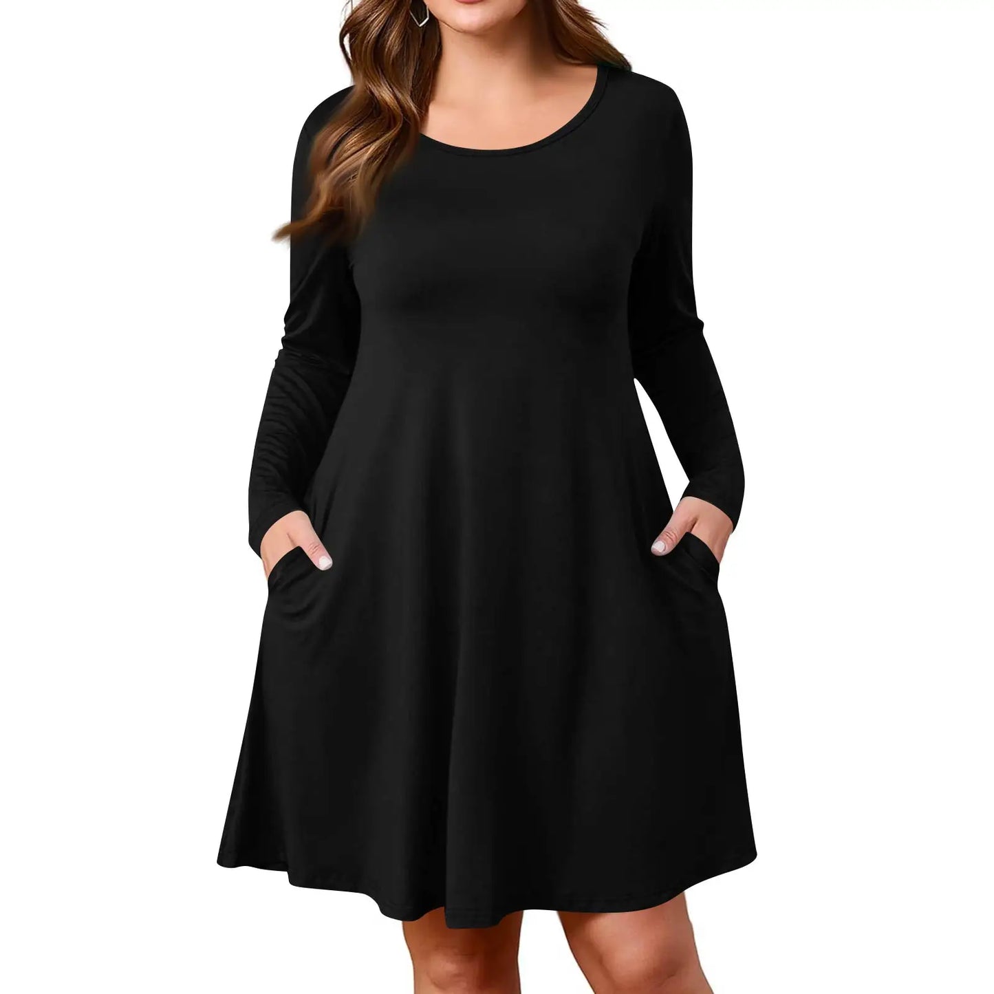 Plus Size Dress for Women Solid-Colour Casual Dress Spring/Autumn Pocket Round Neck Long-Sleeved Dresses vestidos femenino