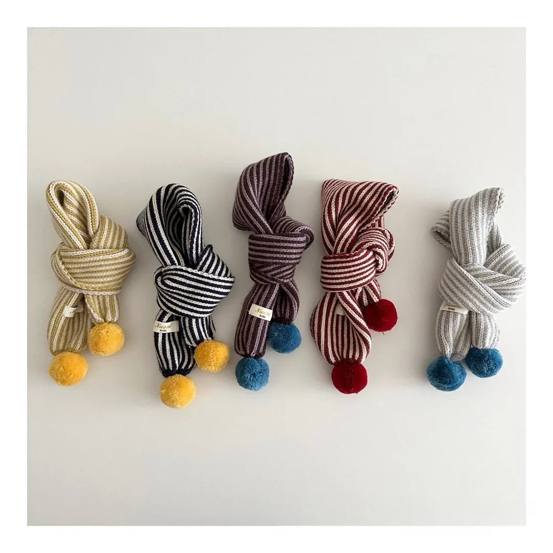 Warm Winter Neck Warmer 2025 Kids Striped Knitted Scarf with Cute Pom Poms Soft Fashion Accessory for Baby Toddler Boys Girls