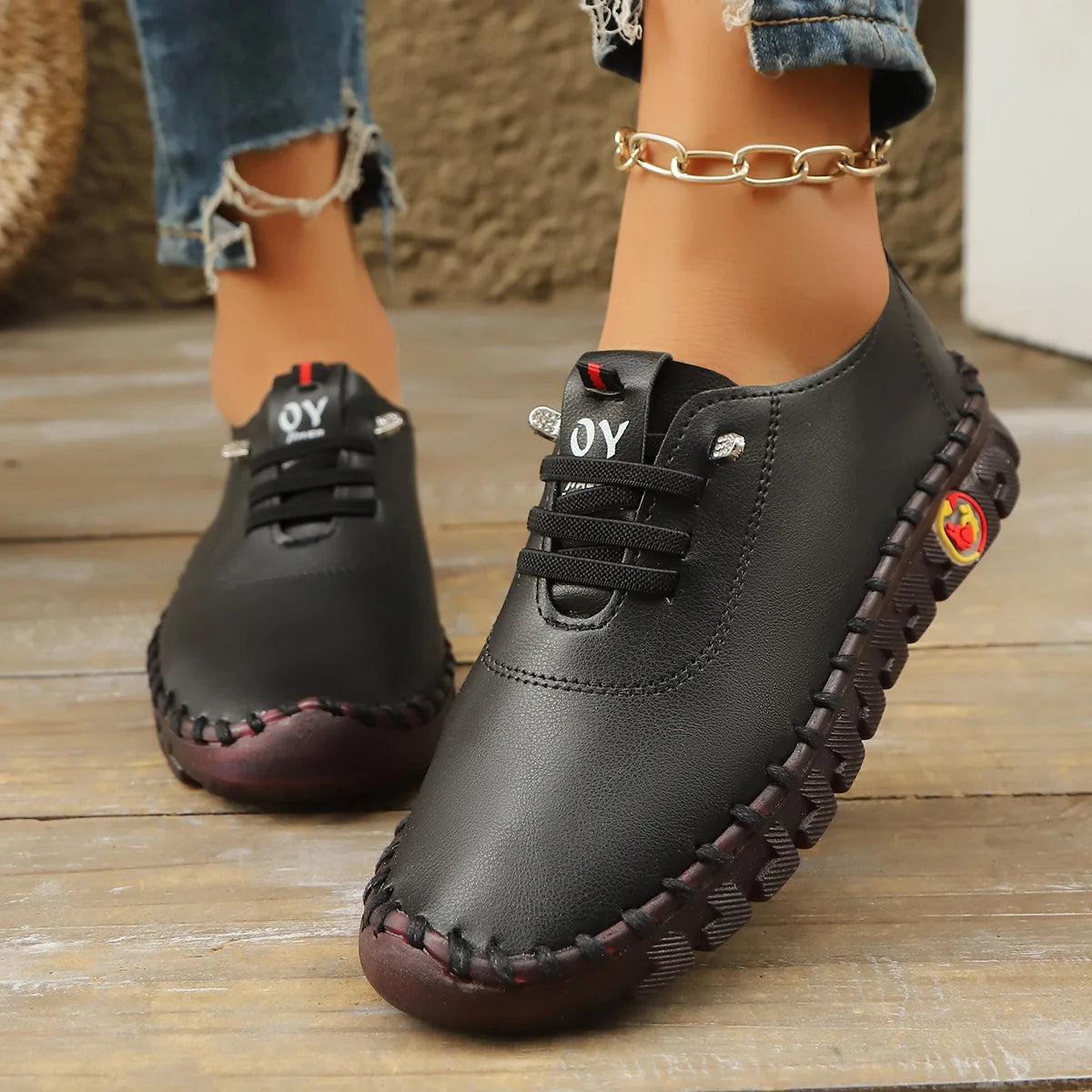 Casual Hand Sewn Women's Single Shoes Soft Bottom Cow Tendon Autumn New Style Comfortable Breathable Wear Resistant Mom Shoes