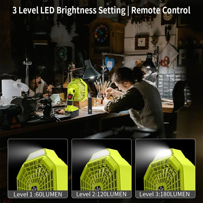 Multifunction Fan with LED Light for Ryobi 18V Battery Portable Outdoor Camping Fan with Remote Control for Travel Garage Office