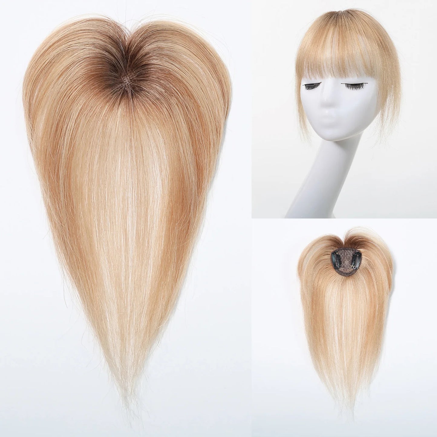 100% Human Hair Blonde Ombre Blunt Cut Wispy Bangs with Sideburns 5x5cm Clip-in Fringe Hairpiece with Top Hair Patch for Daily