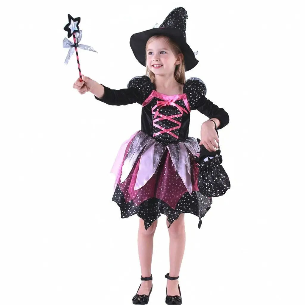 2026 Girls Halloween Cosplay Witch Dress With Hat Bag Costume Carnival Vestidos Kids Party Cosplay Dress Children Costume