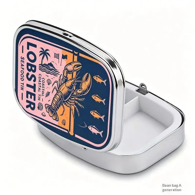 【WA】LUCKY TUNA Sardines Print Metal Pill Box, Portable 2-Compartment Travel Pill Organizer For Vitamins & Pills