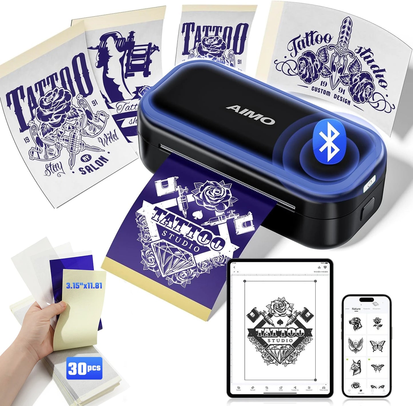 AIMO MR3 Mini Wireless Tattoo Stencil Printer Transfer Tattoo Printer with 30pcs Tattoo Transfer Paper for Tattoo Artist