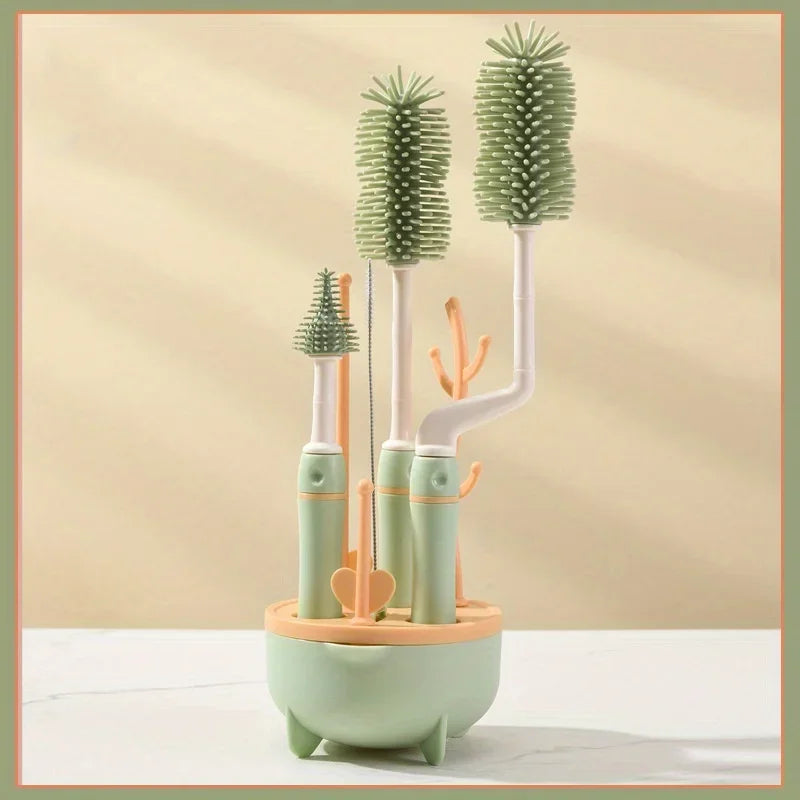 Portable 6 in 1 Baby Bottle Cleaner Set with Drying Rack, 2 Silicone Baby Bottle Brushes,Straw Brush, Nipple Brush & Storage Box