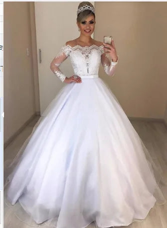 Fashionable Slim Fit V-Neck Lace Trimmer Wedding Dress with Train Elegant Style Polyester Fabric High Waist Long A- Line Skirt