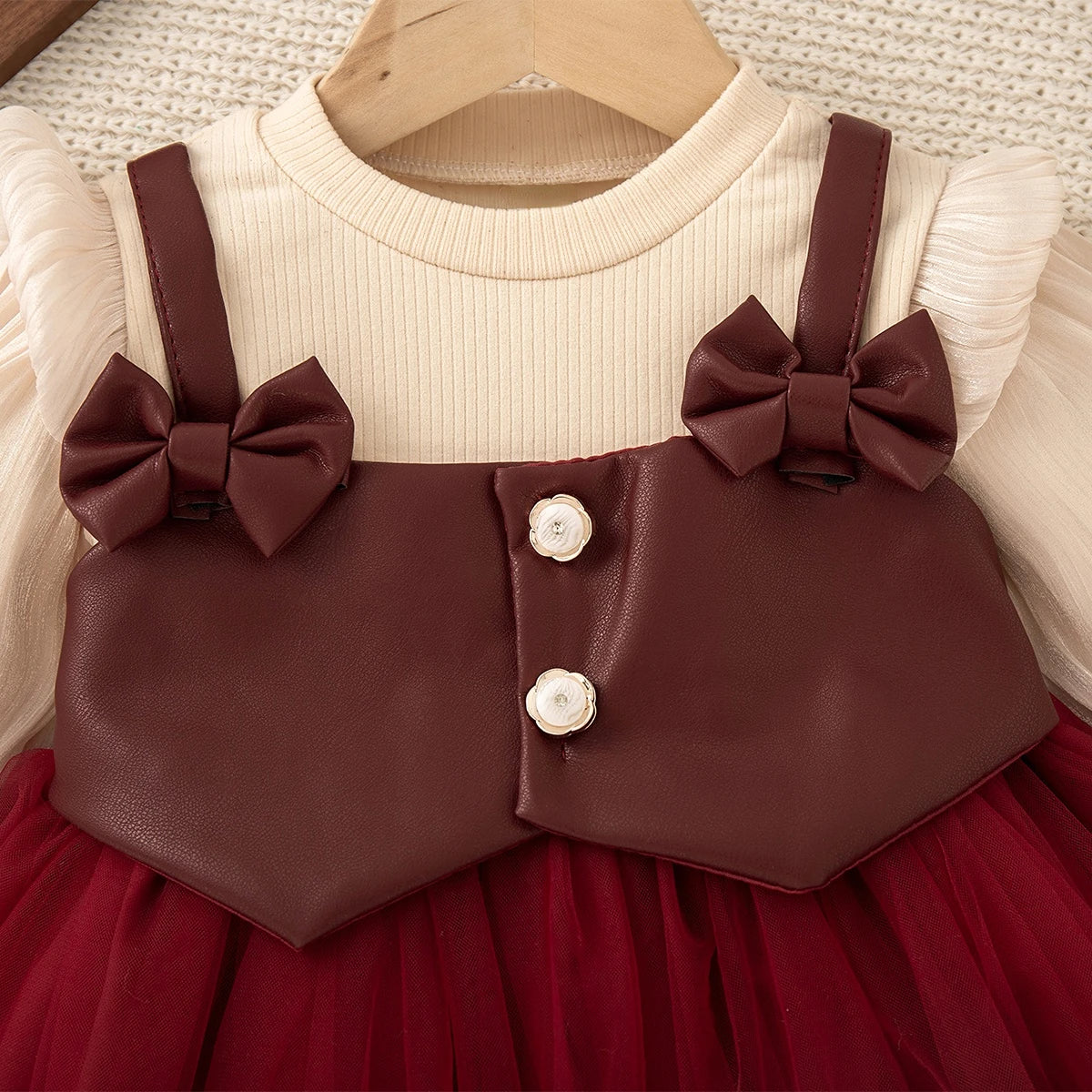 Baby Girl Dress Fall/Winter Bow-Trim Tulle Long-Sleeve Girl Dress Adorable Christmas Baby Dress Baby Girl Clothing