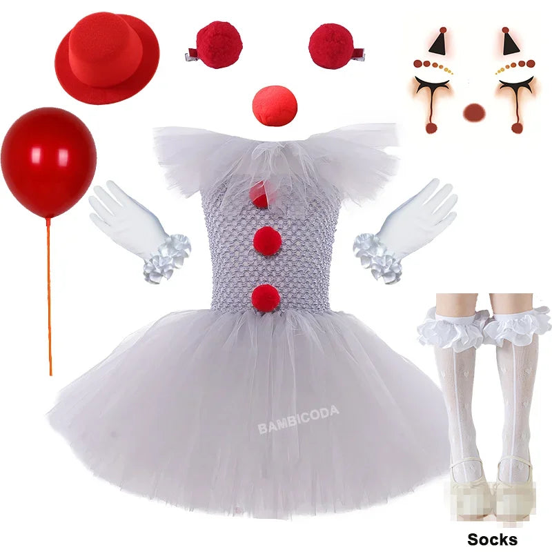 Halloween Pennywise Costume Creepy Clown Gray Tutu Dress Outfit Girls Fancy Carnival Party Tulle Dresses Joker Clothes
