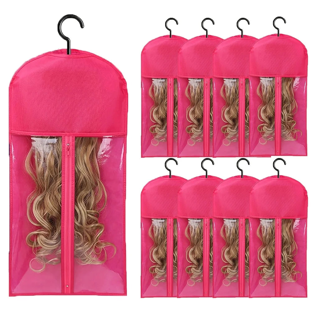 6pcs Long Hair Extensions Storage Bag Non-Woven Dust Proof Wigs Carrier Bags With Plastic Hanger For Home Salon Organizer