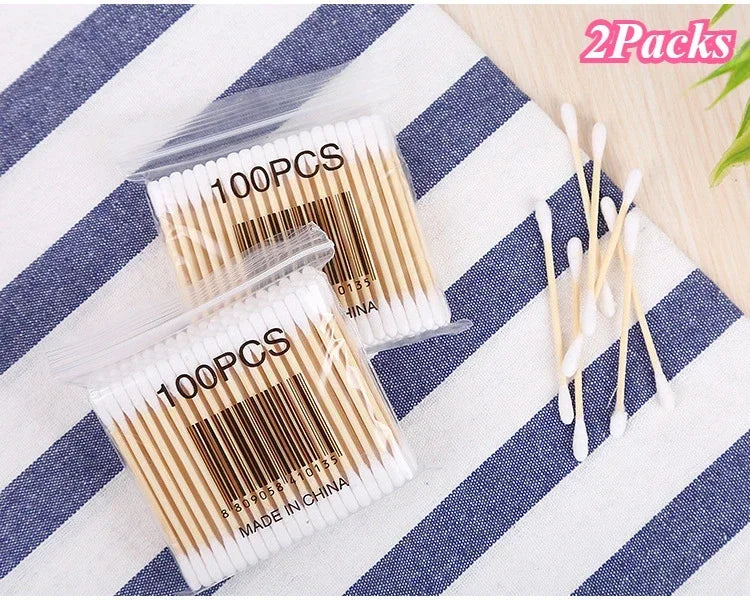 100Pcs/Pack Baby Cotton Swabs Wooden Stick Soft Tip Buds for Ear Nose Cleaning 1-20 Packs Infants Kids Hygiene Care Beauty Tools