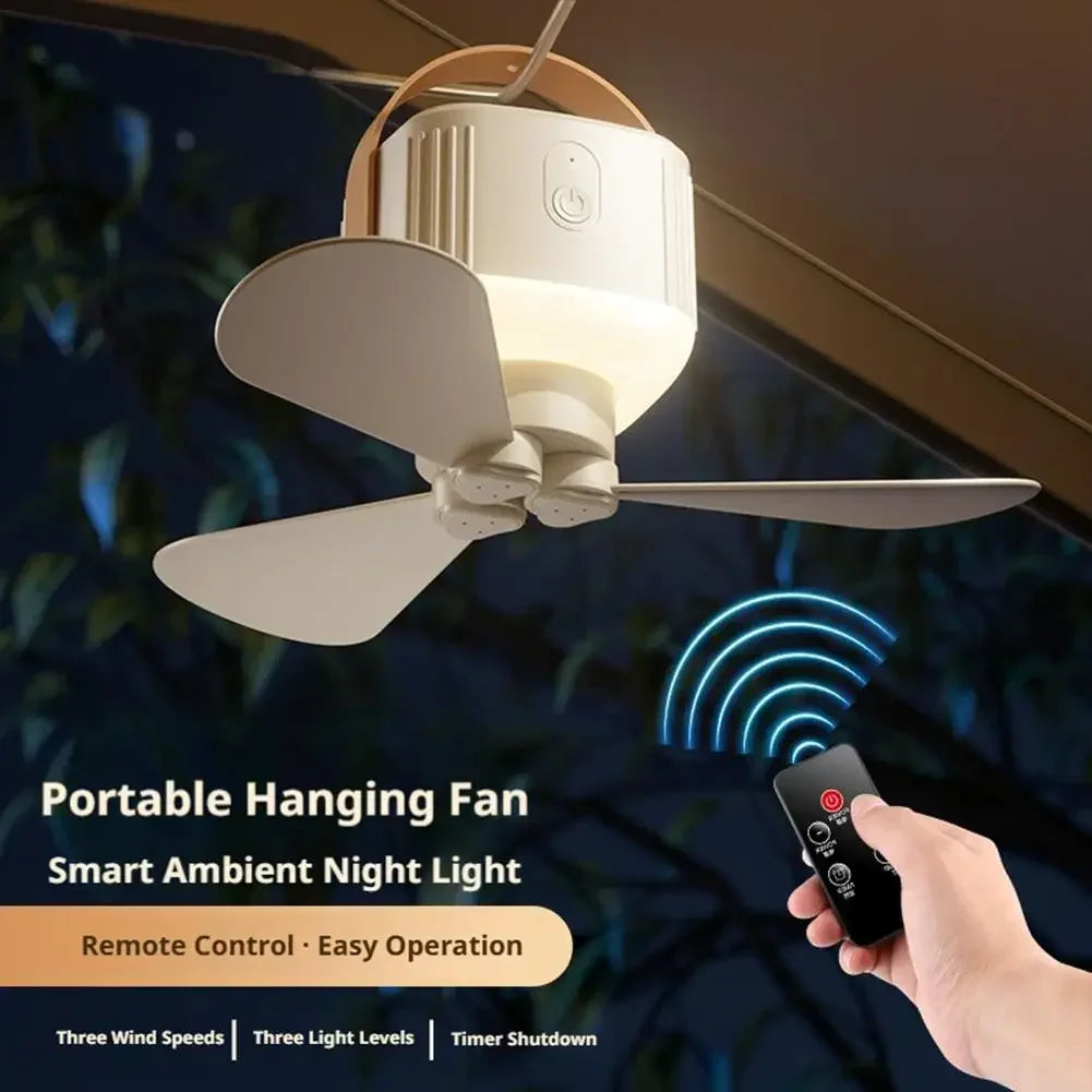 Portable Ceiling Fan with Remote & 3600mAh Battery – 3-Speed, 8-12H Runtime, Night Light for Camping & Outdoor