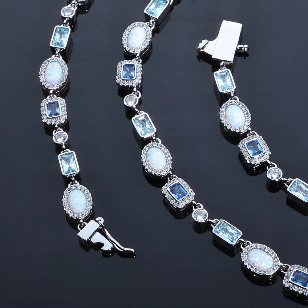 ESKEEM 6mm Geometric Gemstone Motif Iced Out Blue Chain Multicolor CZ Stones White Gold Plated Diamond Necklace Hip Hop Jewelry