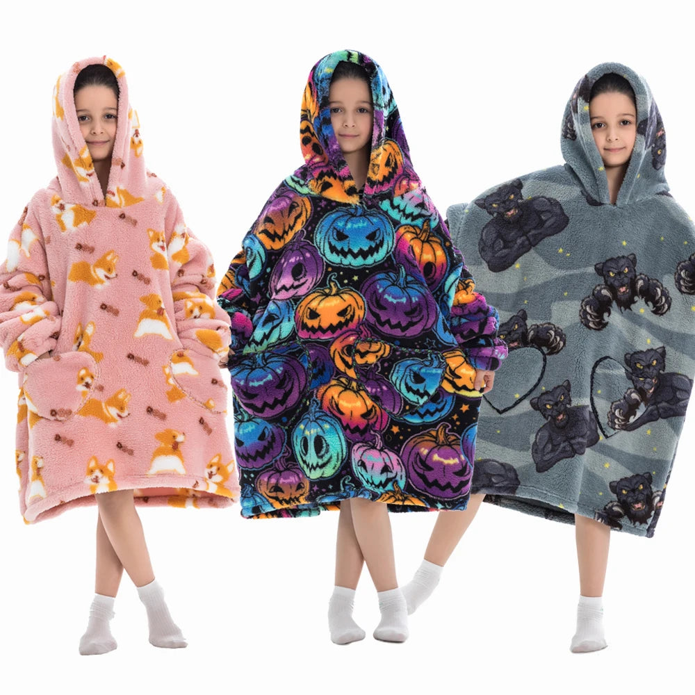 Halloween Pumpkin Hoodies for Boys Girls Winter Thick Flannel Hooded Sweatshirts Kids Clothing Children Oversized Blanket Hoodie