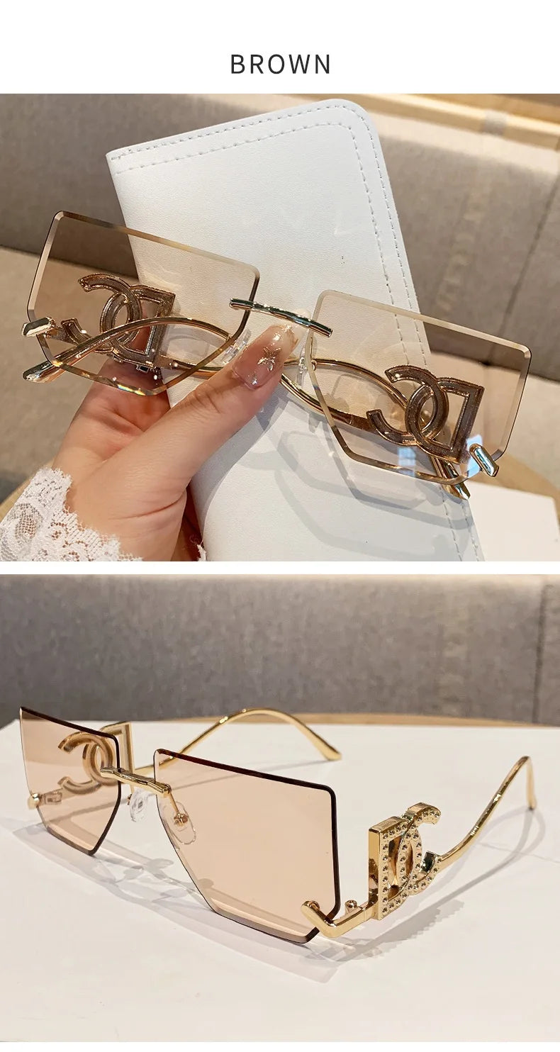 Luxury Rimless Brand Fashion Sunglasses For Women And Men Stylish Square Metal Sun Glasses Glamour Designer Shades UV400