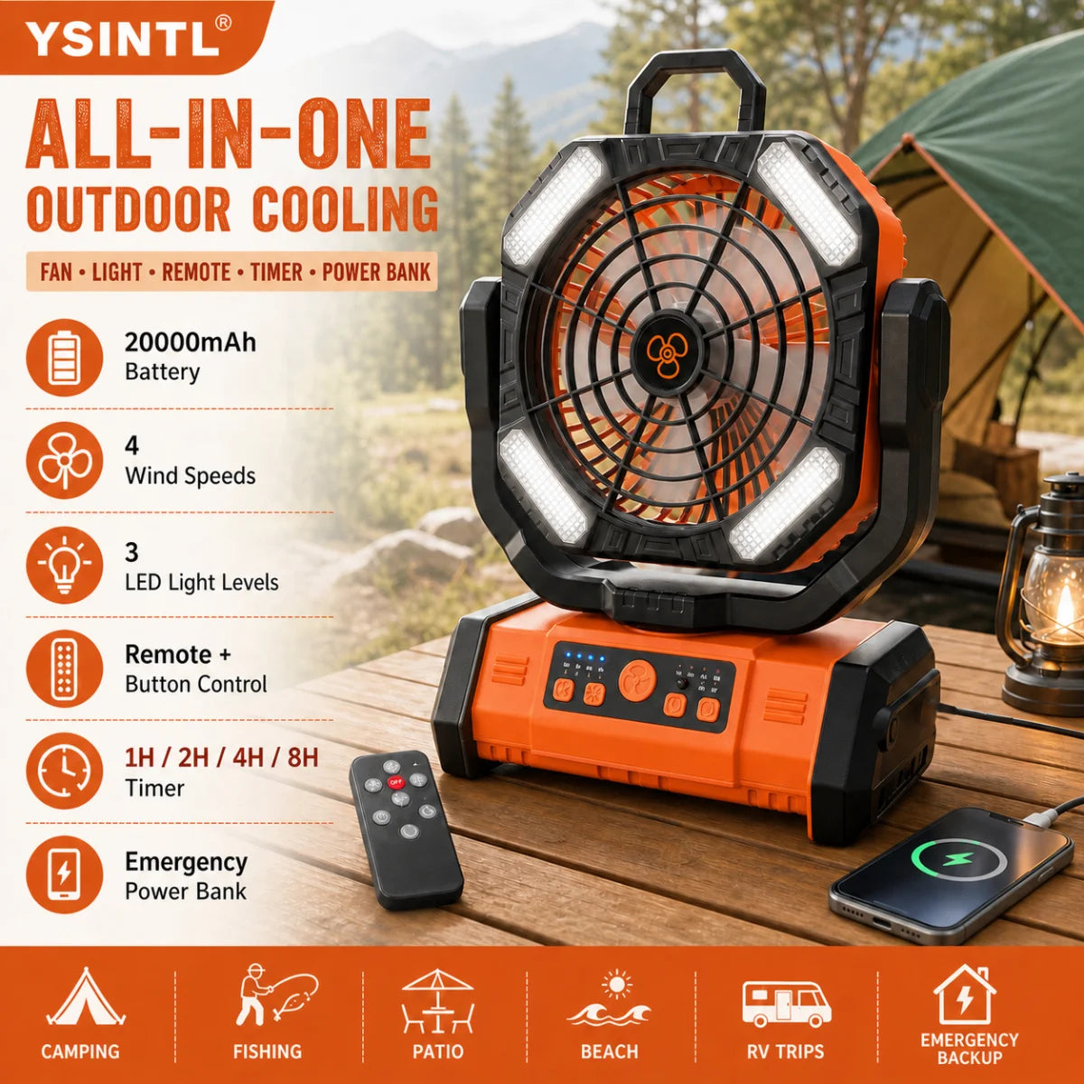 Remote-Controlled Timed Oscillating Tent Hanging Fan, 20000 Mah Rechargeable Fan with Led Light, Portable Camping Ceiling Fan, Suitable for Camping Enthusiasts