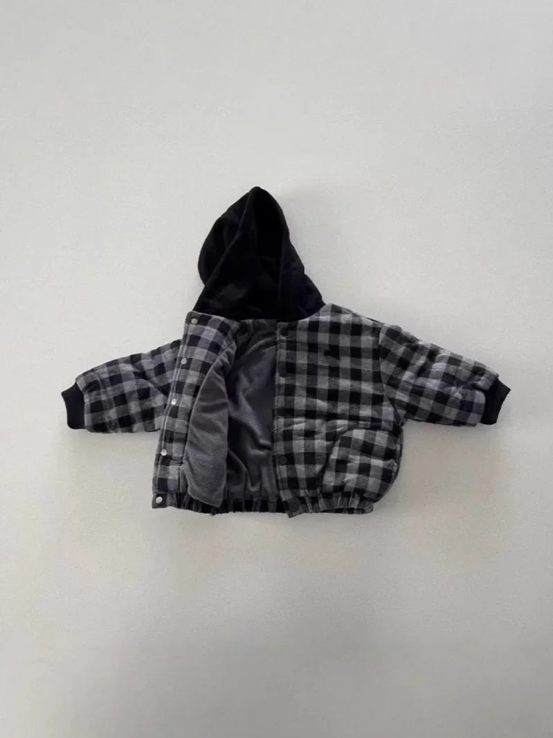 2025 Winter New Baby Warm Plaid Coat Kids Boys Girls Hooded Cotton Padded Jacket Kids Vintage Windproof Tops Children Clothes